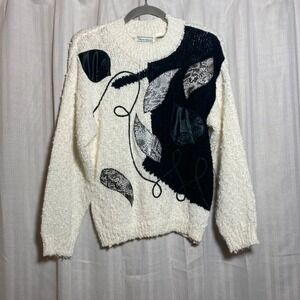 Shenanigans Vintage Colorblock Knit Sweater Cream Black Snakeskin Applique Small